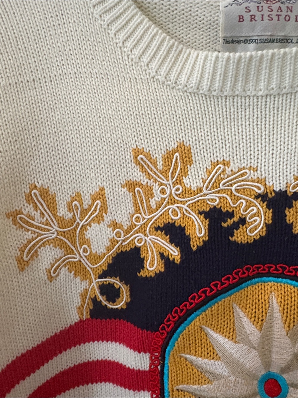 Vintage Susan Bristol Cream Crewneck Sweater with Red, Navy & Gold Medallion - Picture 3 of 12